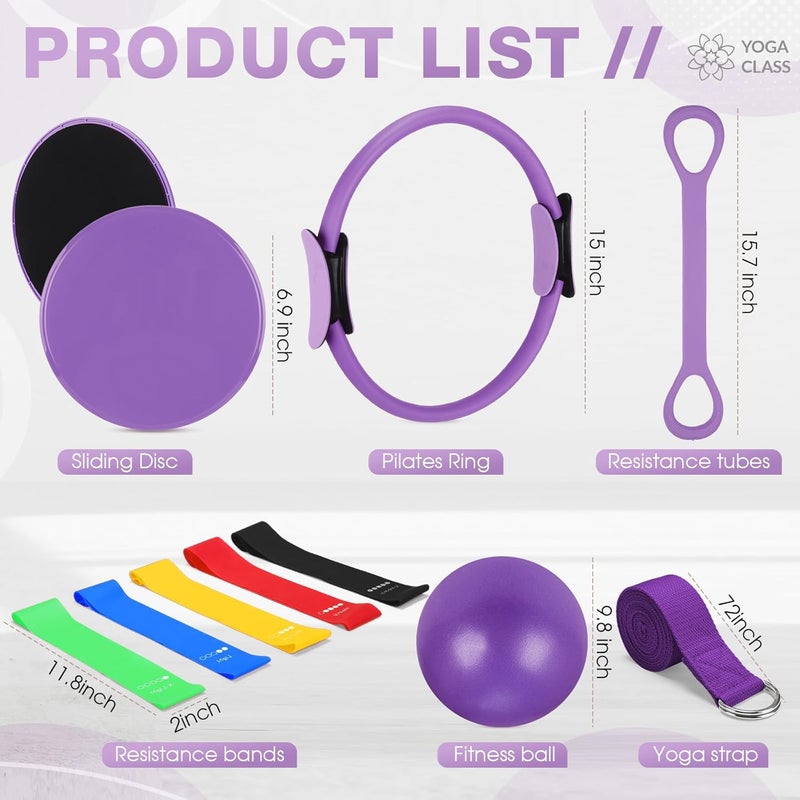 Arrowbash Set of 6 Style Pilates Home Equipment Set Pilates Essential Kit Workout Accessories 14 Magic Circle Mini Exercise Ball Yoga Strap Silicone Tension Strip Tension Band Sliding Plate - Image 2